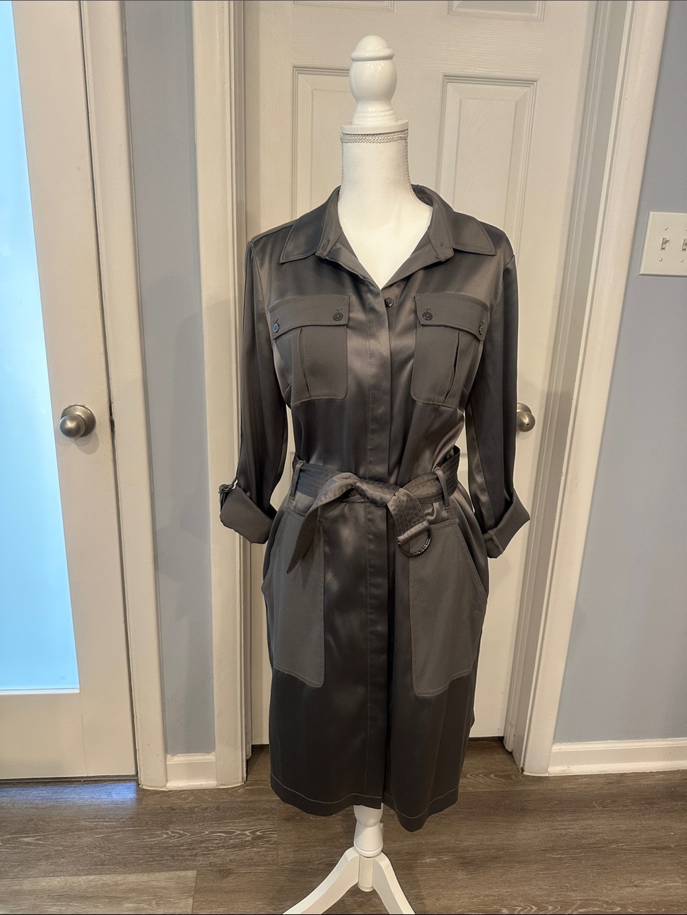White House Black Market Charcoal Satin Utility Shirtdress with Belt